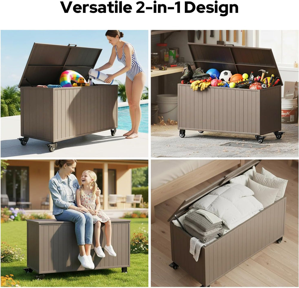 150 Gallon Outdoor Storage Box with Wheels, Metal Deck Boxes,Brown