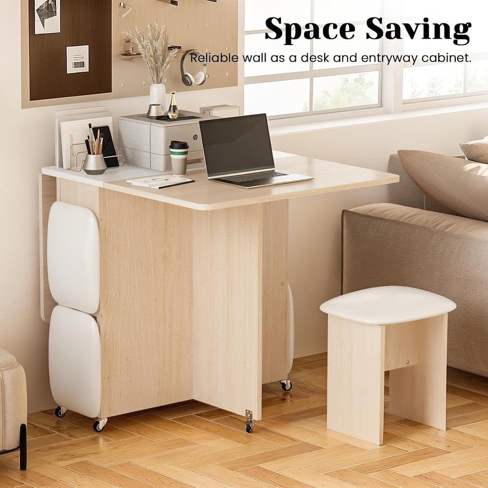 AWQM Folding Dining Table Set, Storage Folding Table & Chair, Beige White