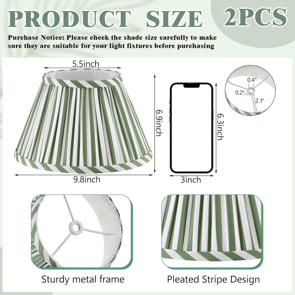 VIHOSE 2 Pack Striped Pleated Lamp Shades, Green, 5.5 x 10 x 7 in