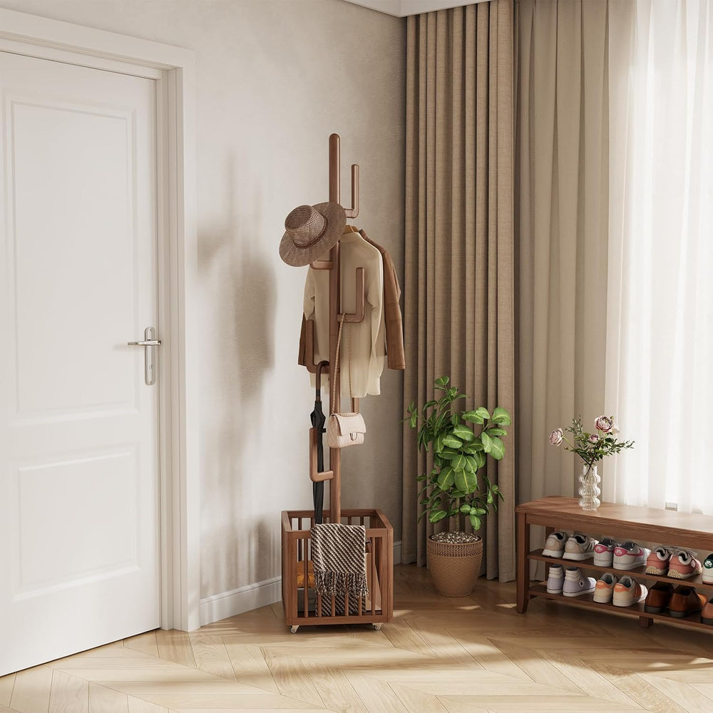 Solid Wood Cactus Coat Rack with 6 Hooks and Storage Basket, Walnut