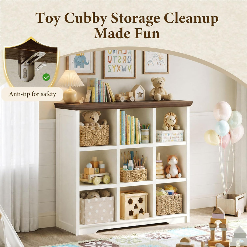 OffiGo 9 Cube Organizer Bookcase, Cube Shelf with Storage, Walnut + White