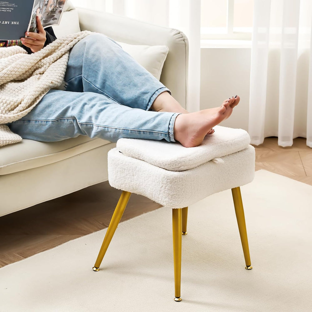 Small Vanity Chair with Storage & Folding Back, White Vanity Stool