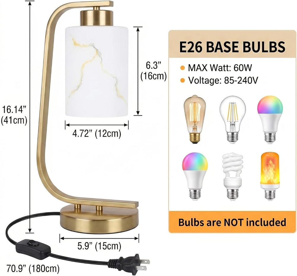 Modern Industrial Table Lamp, Marble Pattern Glass Shade Desk Lamp with C-Sha...