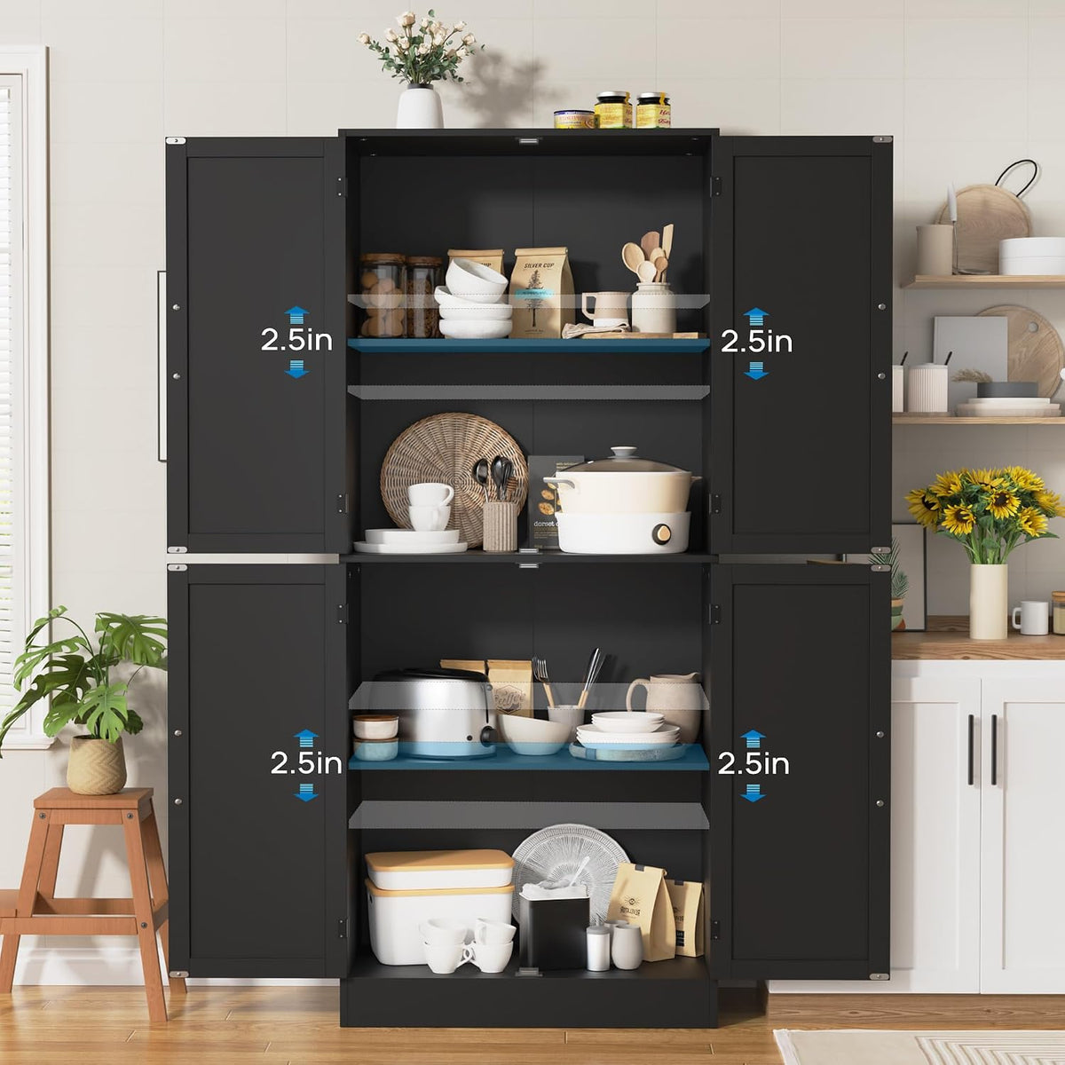 MHOM 71" Farmhouse Pantry Cabinet, Tall Storage Cabinet with 4 Doors and Adjustable Shelves, Freestanding Pantry for Dining Room, Kitchen, and Living Room, Black