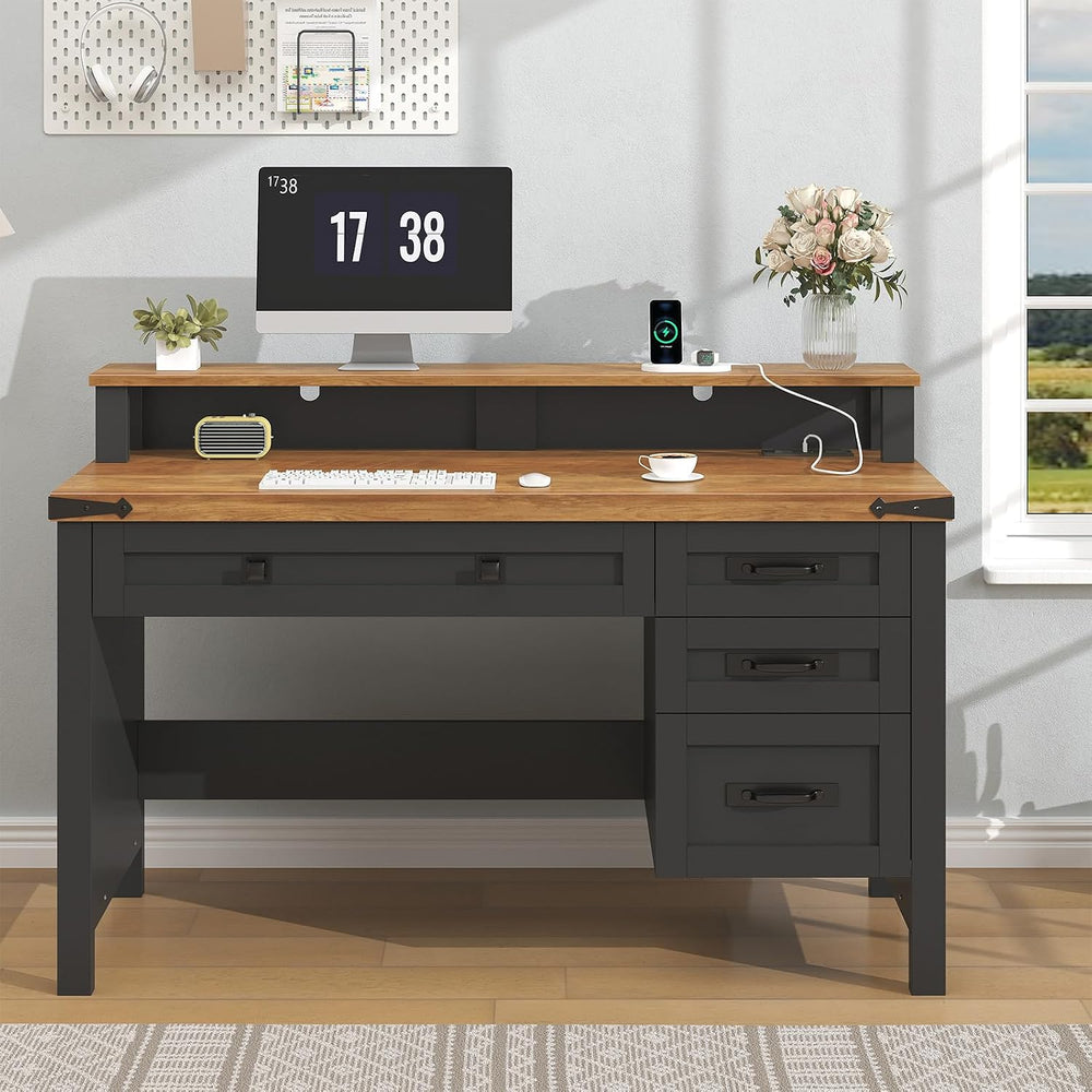 47" Farmhouse Computer Desk with Drawers & Outlets for Home Office, ...