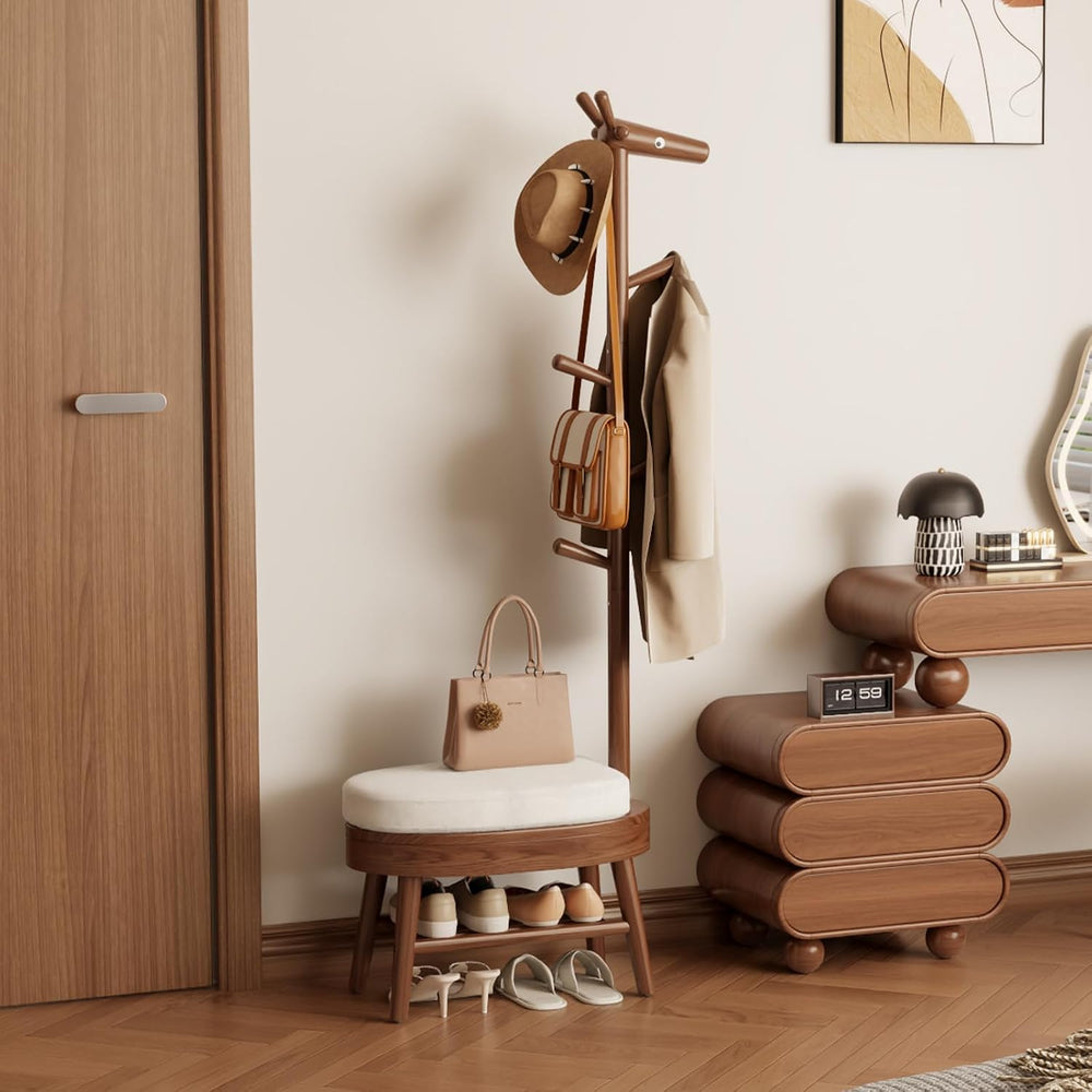 AQIMUELE Shoe Bench with Coat Rack, Shoe Rack with 9 Hooks, Walnut