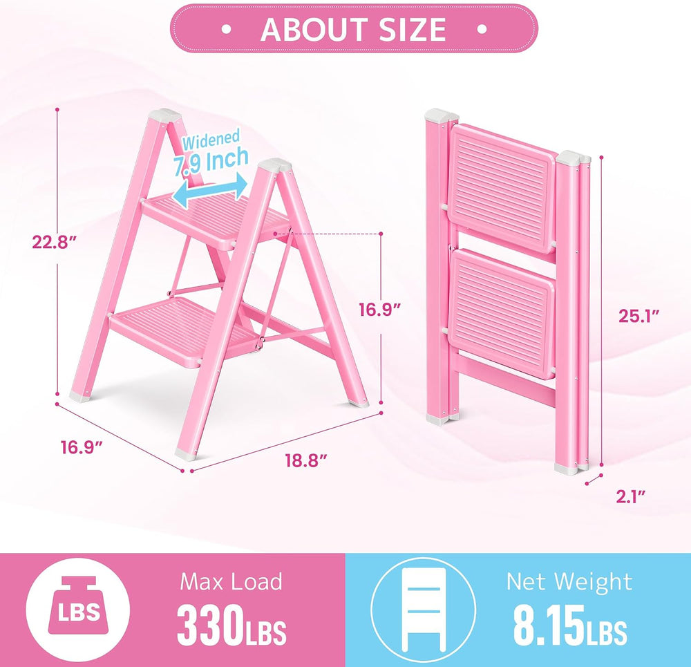 2 Step Ladder, Foldable Step Stool with Widened Pedal, Pink