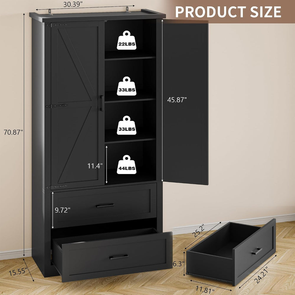 BORNOON Pantry Organizers and Storage Cabinet, 71” Barn Door Black Kitchen Ca...