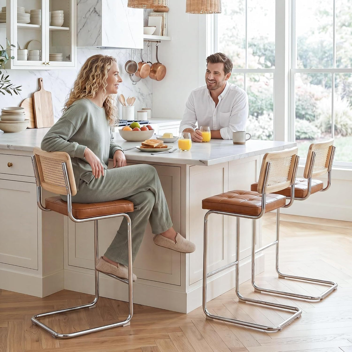 Zesthouse Natural Rattan Counter Stools Set of 3, 26" Modern Boho Barstools