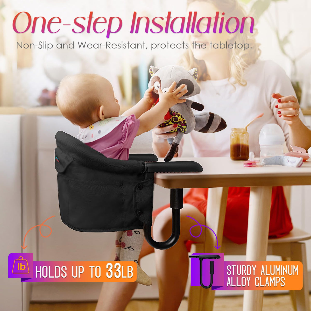 Hook on High Chair,Portable Foldable High Chair for Babies 6-36 Months, Includes Storage Bag (Black)