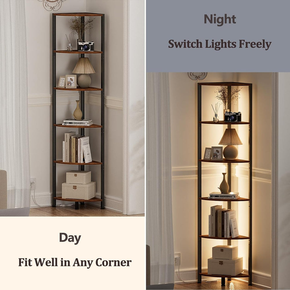 Furnulem 6 Tier Corner Shelf with LED Light, 67.5" Corner Narrow Bookshelf