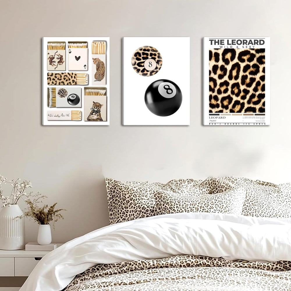 Framed Trendy Leopard Canvas Wall Art Set of 3, Preppy Cheetah Lucky 8 Ball P...