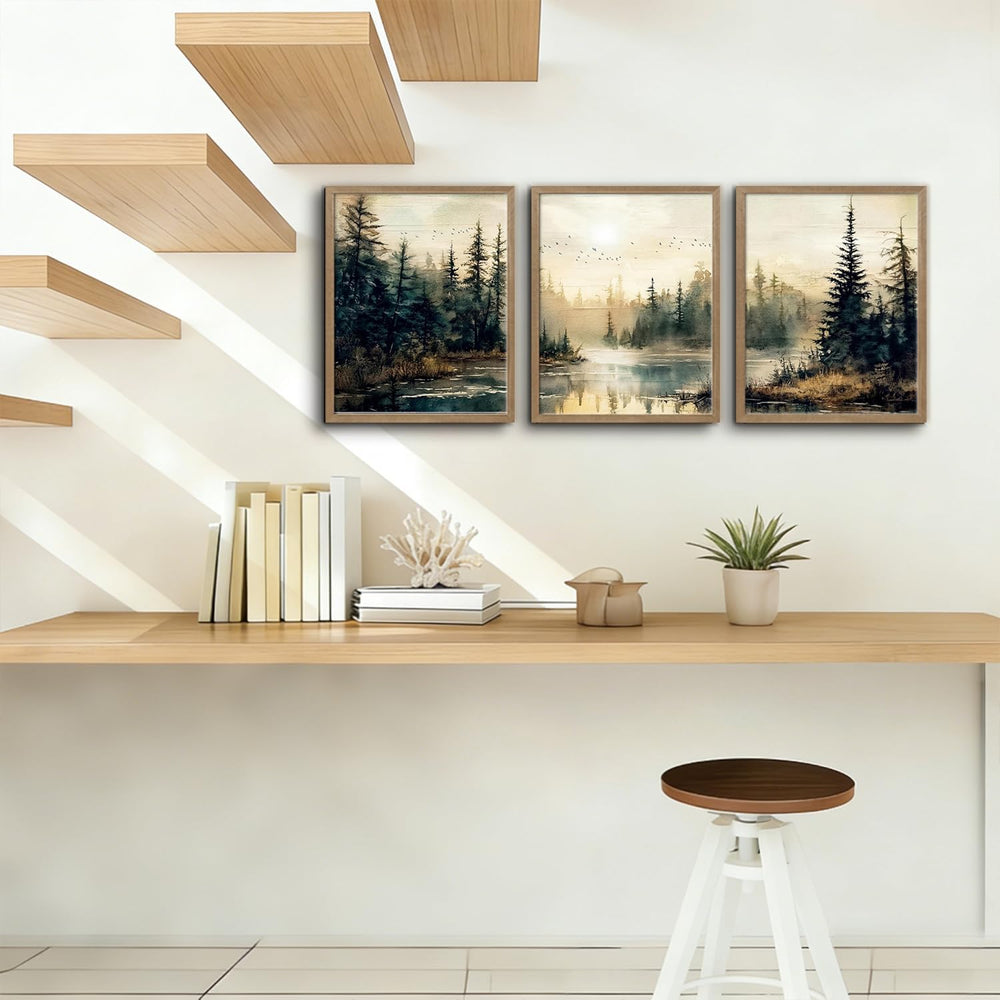 3Pcs Framed Wall Art Forest Landscape Canvas Poster Nature Painting Wall Deco...