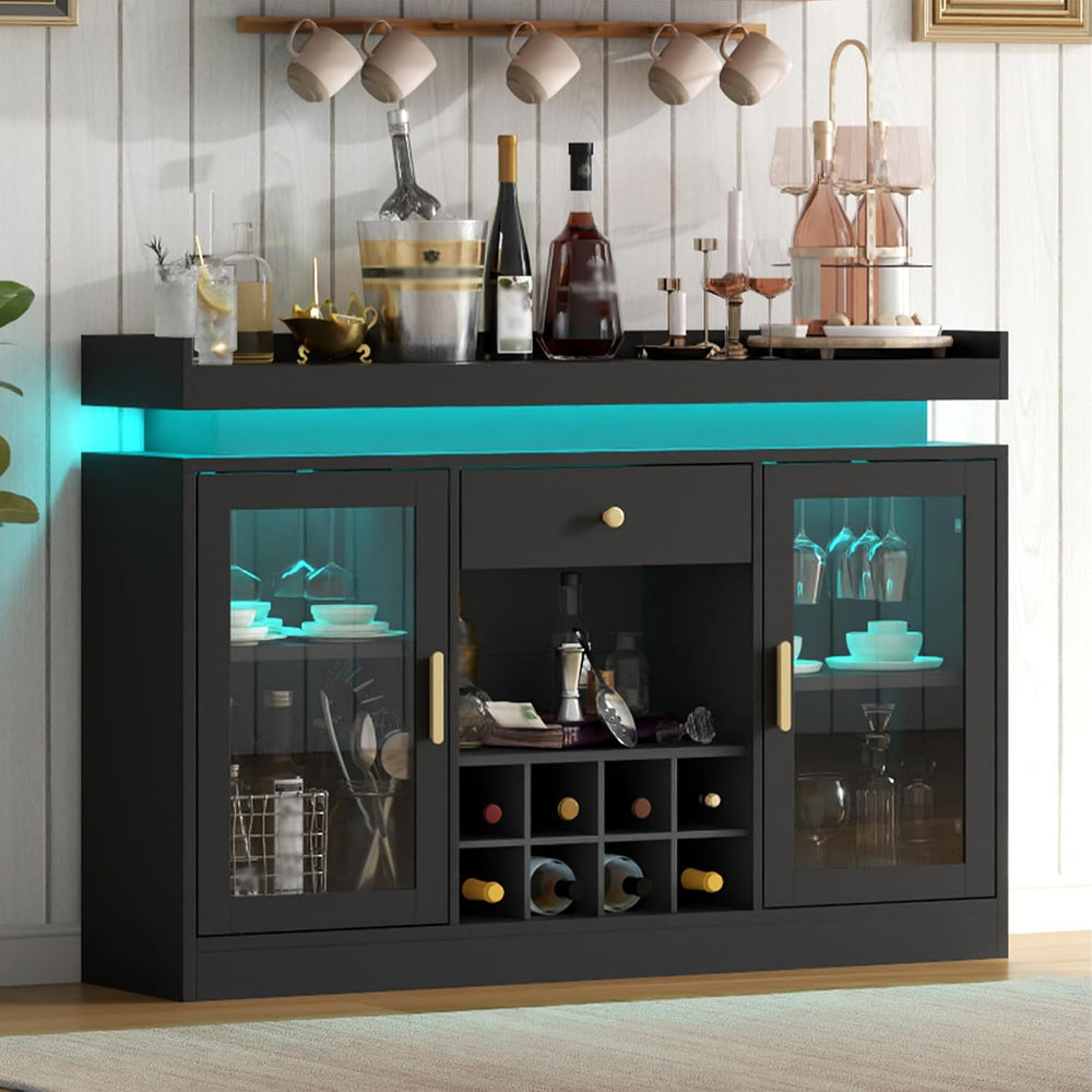 Wine Bar Cabinet with Led, Black Liquor Cabinet with Wine & Glass Rack