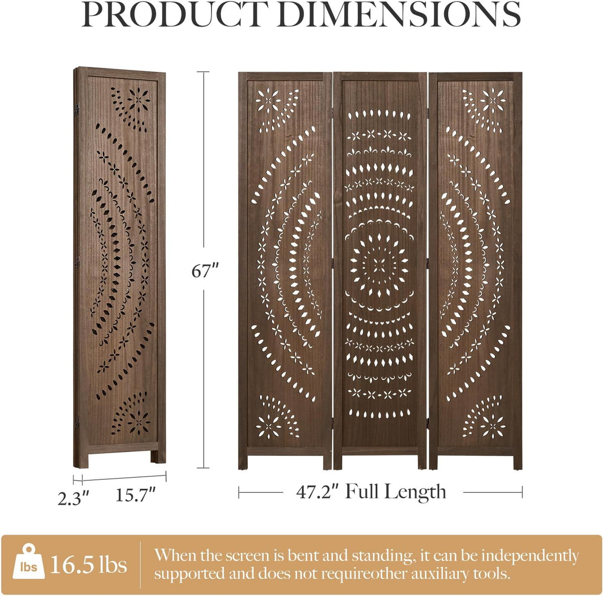 66.9Inch Folding Room Divider, 3 Panels Wood Carved Privacy Screens, Free Assembled Freestanding Partition for Home Office Restaurant Bedroom (Brown)