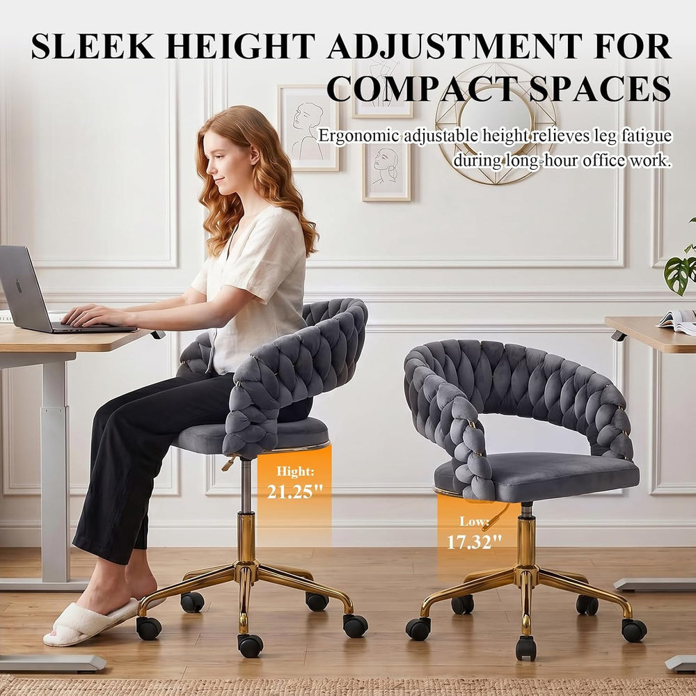 NIOIIKIT Woven Home Office Chair, Velvet Swivel Desk Vanity Chair, Grey