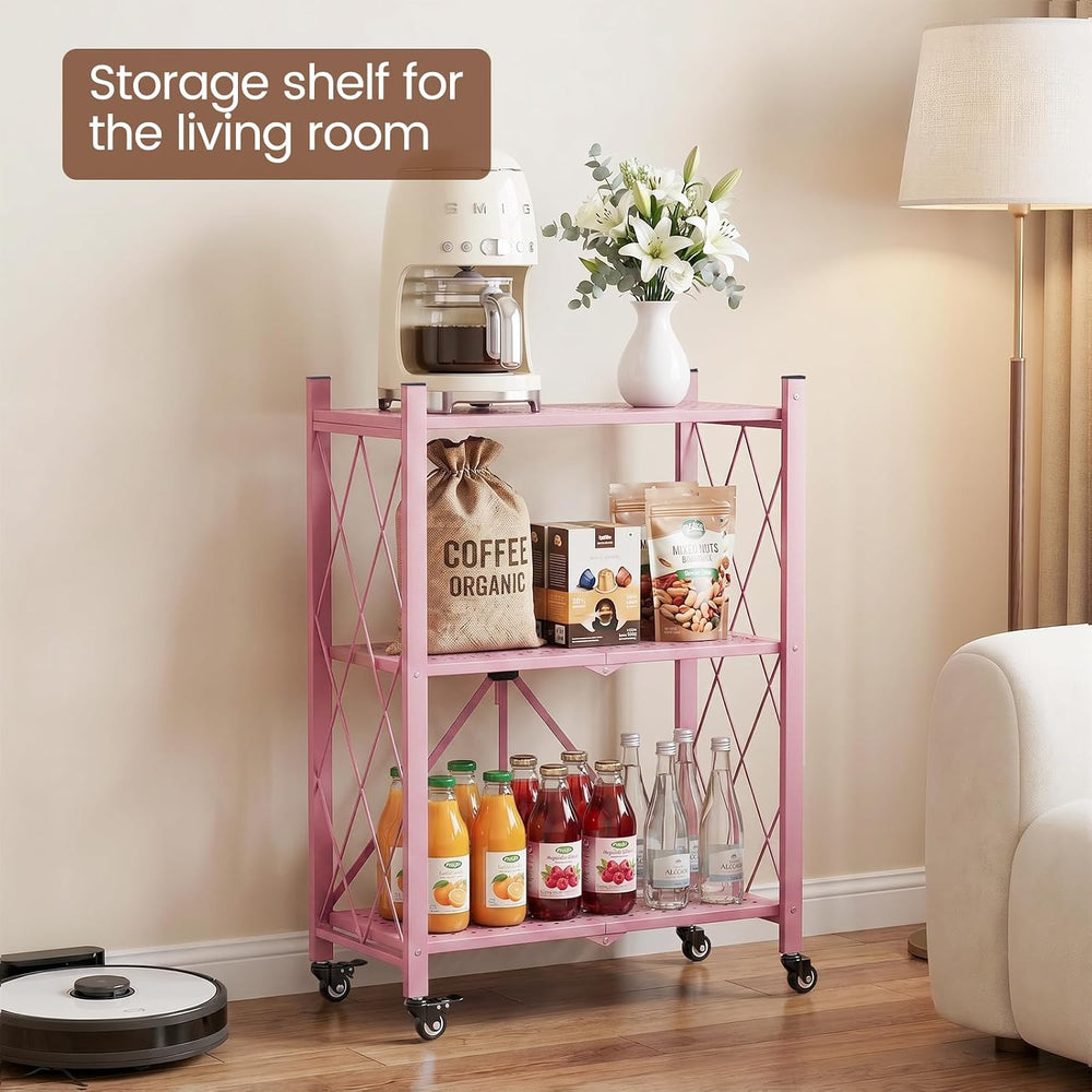 ALANNG 3 Tier Folding Shelf on Wheels, Heavy Duty Rolling Storage Cart