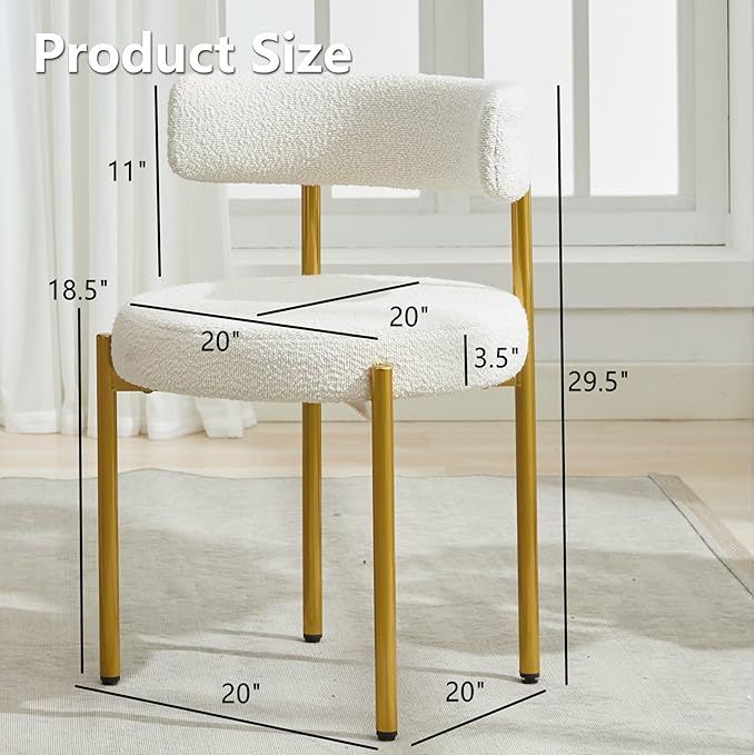 Boucle Dining Chairs Set of 4, Mid Century Modern Dining Room Chairs with Barrel Backrest, Upholstered White Kitchen Chairs for Dining Room, Restaurant, Gold Metal Frame