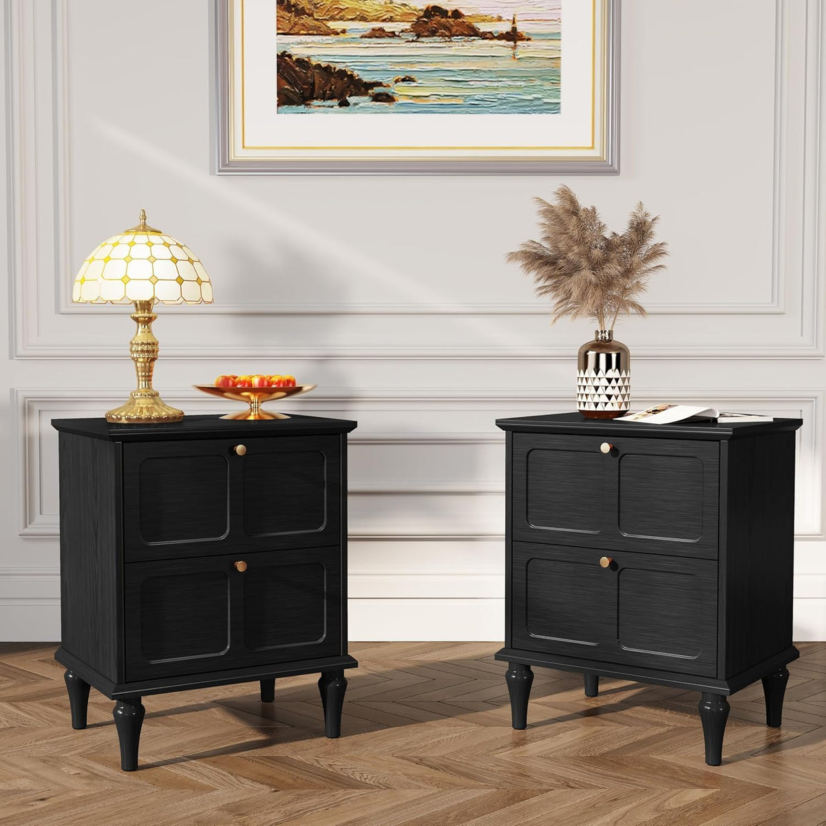 ARTPOWER 3 Piece Mid-Century Living Room Table Set, Black | Coffee Table and Nightstands Set 2 with Storage & Solid Wood Legs, Classic Mid-centry Style, Living Room Furniture Set