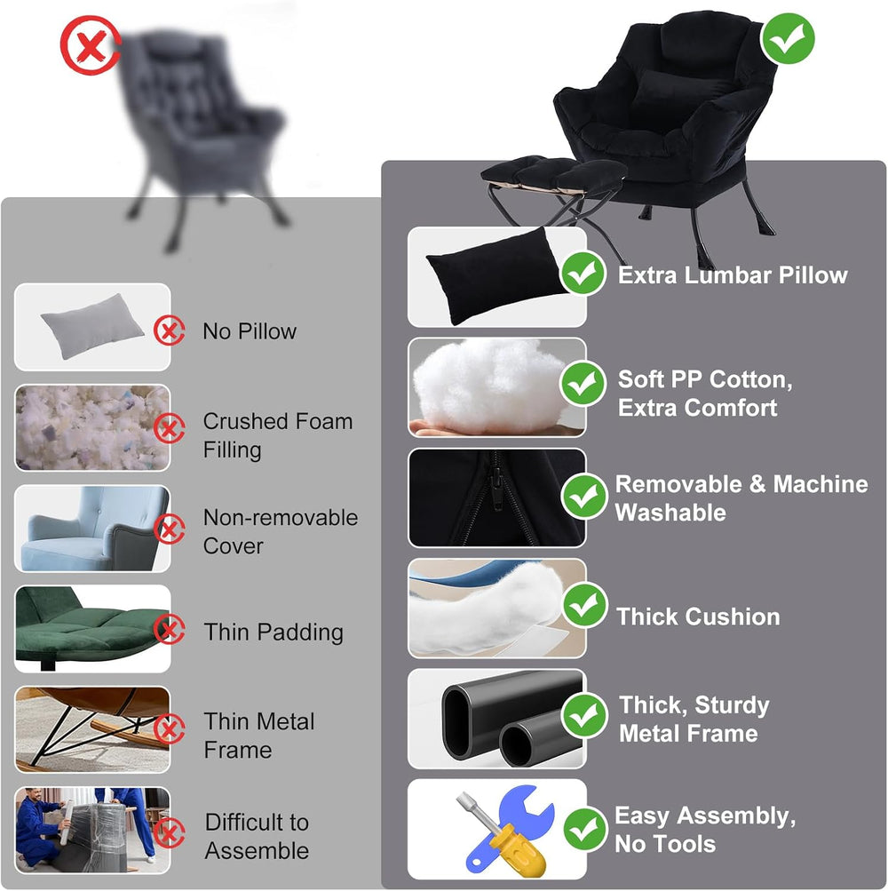 Lazy Chair with Ottoman, Comfy Chair with Pillow，Pure Black