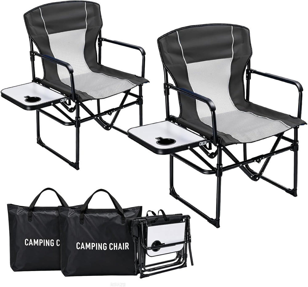 2 Pack Camping Chairs with Side Table & Cup Holder 400 lbs