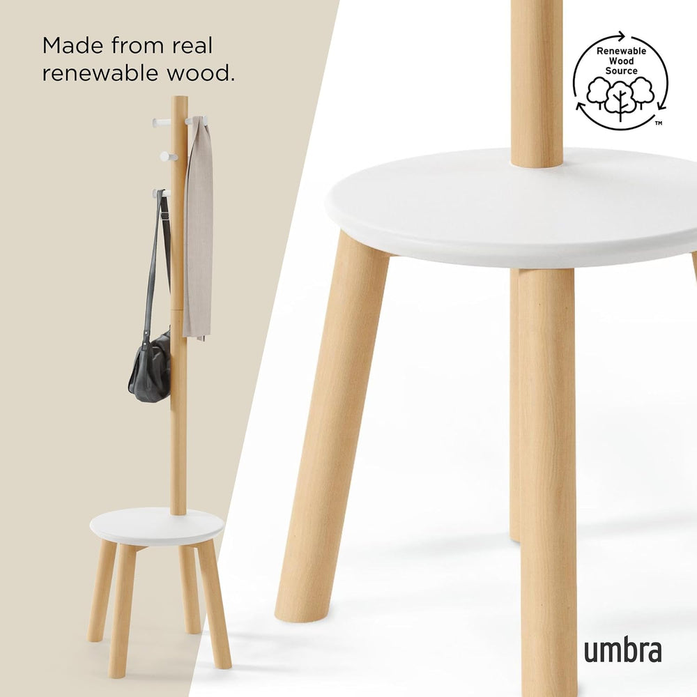 Umbra Pillar Coat Rack with Stool, Freestanding 6 Hooks, White/Natural