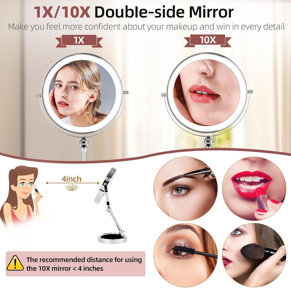 8" Foldable 10X Magnifying Mirror with Light, Storable Base, Chrome