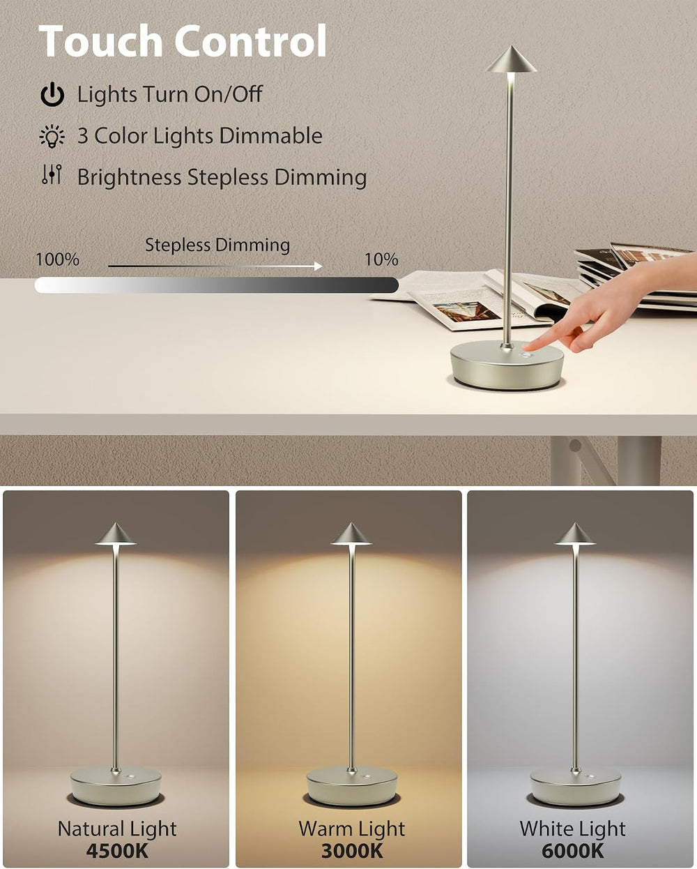 LED Cordless Table Lamps Rechargeable 6000mAh Battery Operated Desk Lamp