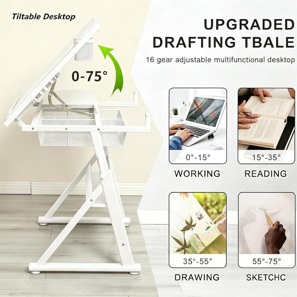 Drafting Desk w/Stool, Upgraded Glass Art Table for Artists, White
