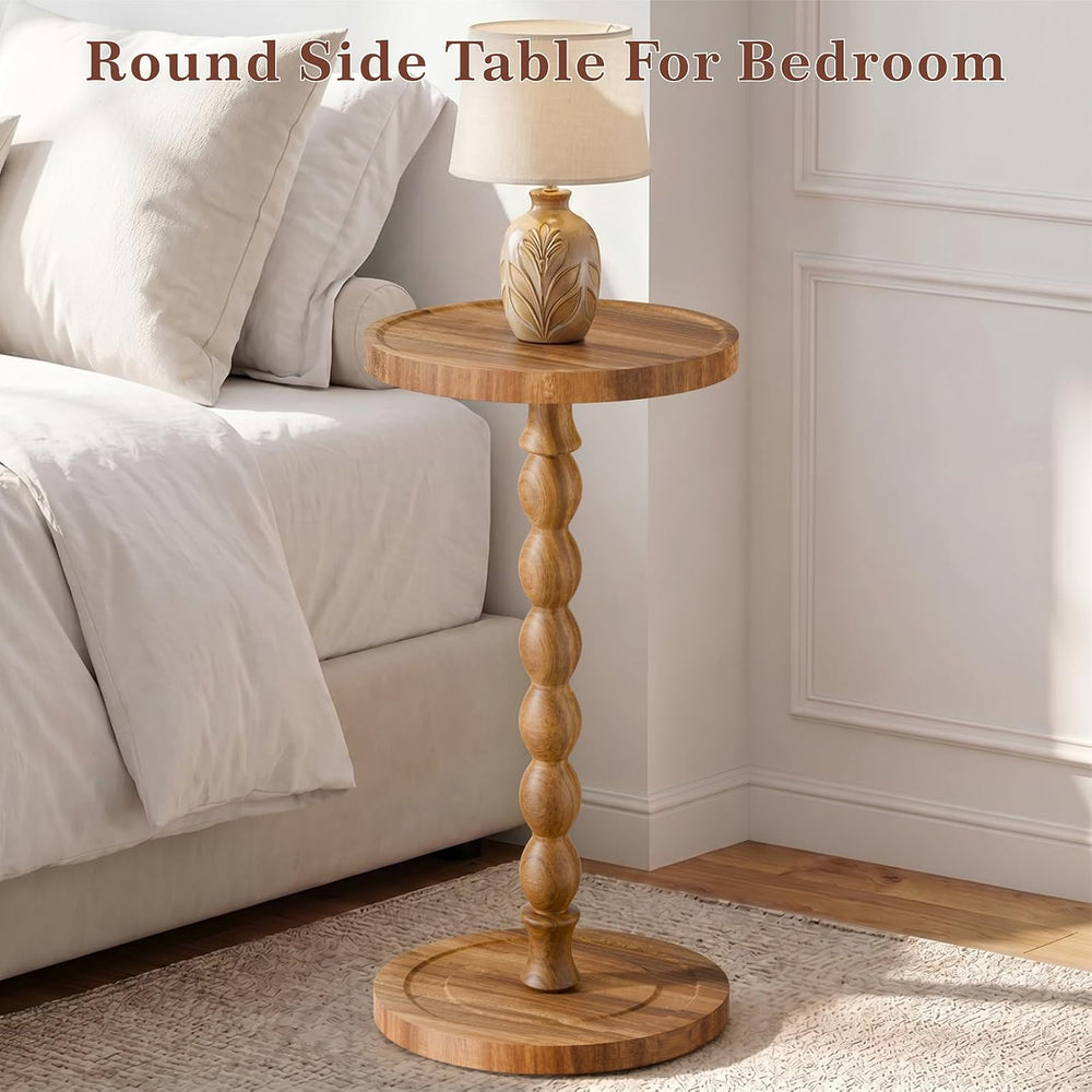 Small Round Side Table, Acacia Wood‌ Drink Table for Small Spaces