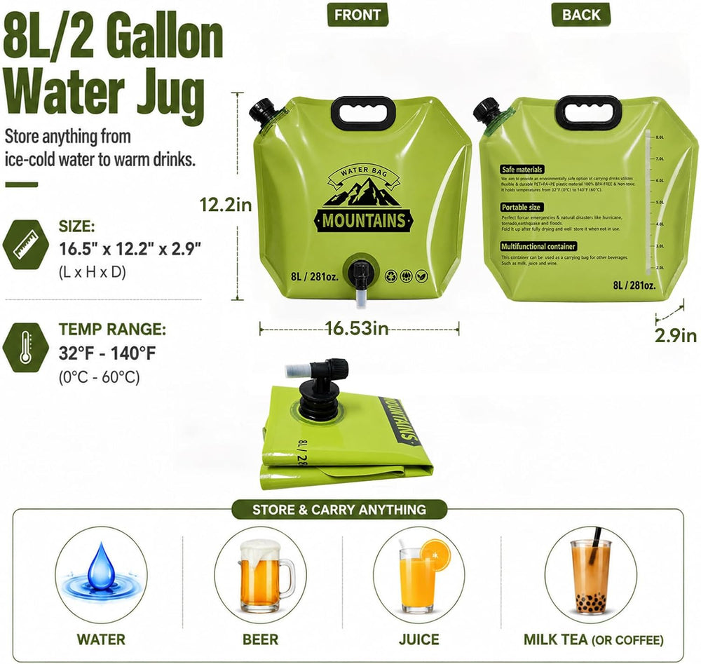 6Pack Collapsible Water Container 8L/2 Gallon Water Jug with Spigot, Reusable...