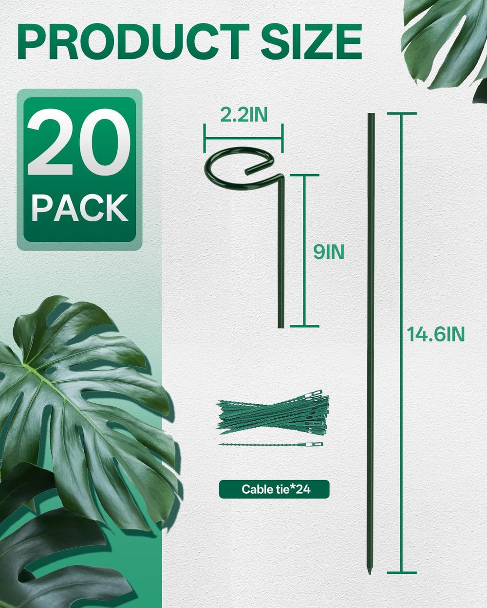 20 Pack 23.6 In Metal Plant Stakes, Plant Support Stakes with 15 Twist Tie