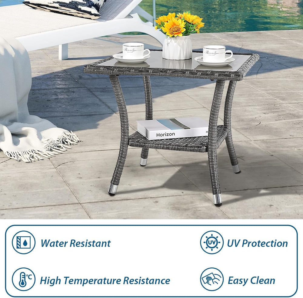 Super Patio Outdoor Side Table, Wicker Patio Coffee Table w/Glass Top, Gray