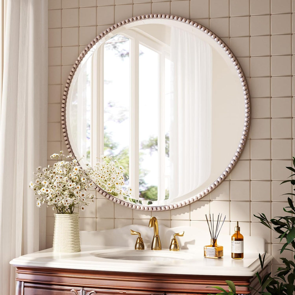 24'' Round Bathroom Mirror, Beaded Circle Decorative Wall Mirror
