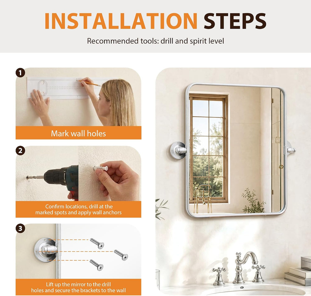 Besdomus Bathroom Pivot Wall Mirror: 20"x30" Silver Vanity Tempered...