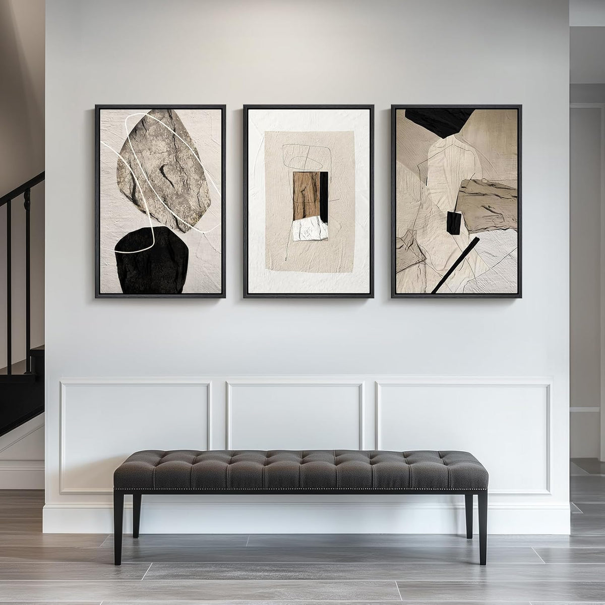 Large Framed Neutral Abstract Wall Art for Living Room,Set of 3, 24x36 In
