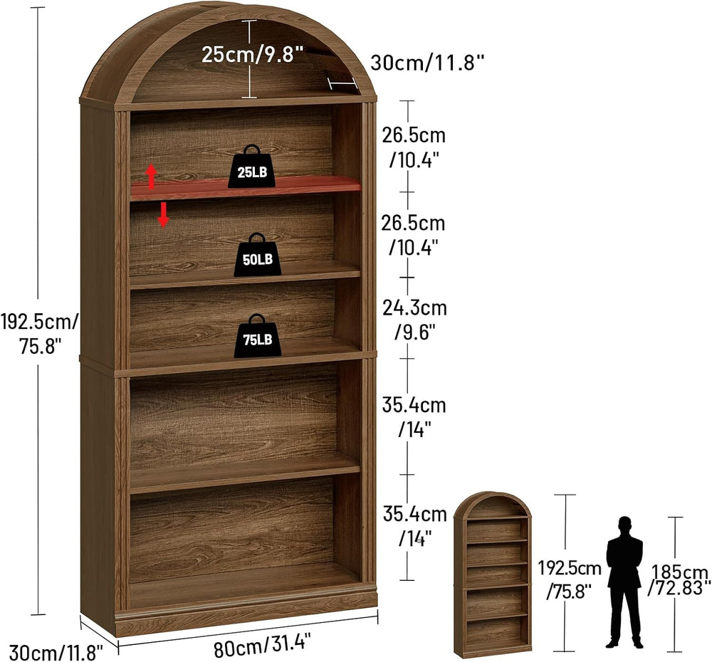 RALGEND Arched Bookshelf, 75.8" Tall Arch Bookcase with Storage