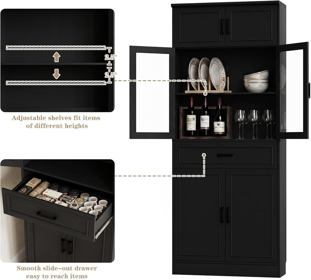 Unikito 80" Kitchen Pantry Cabinet with Glass Doors and Drawer Organizer