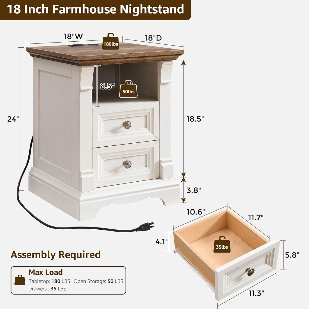 Farmhouse Nightstand with Charging Station 18"Wood End Table w/Roman Column