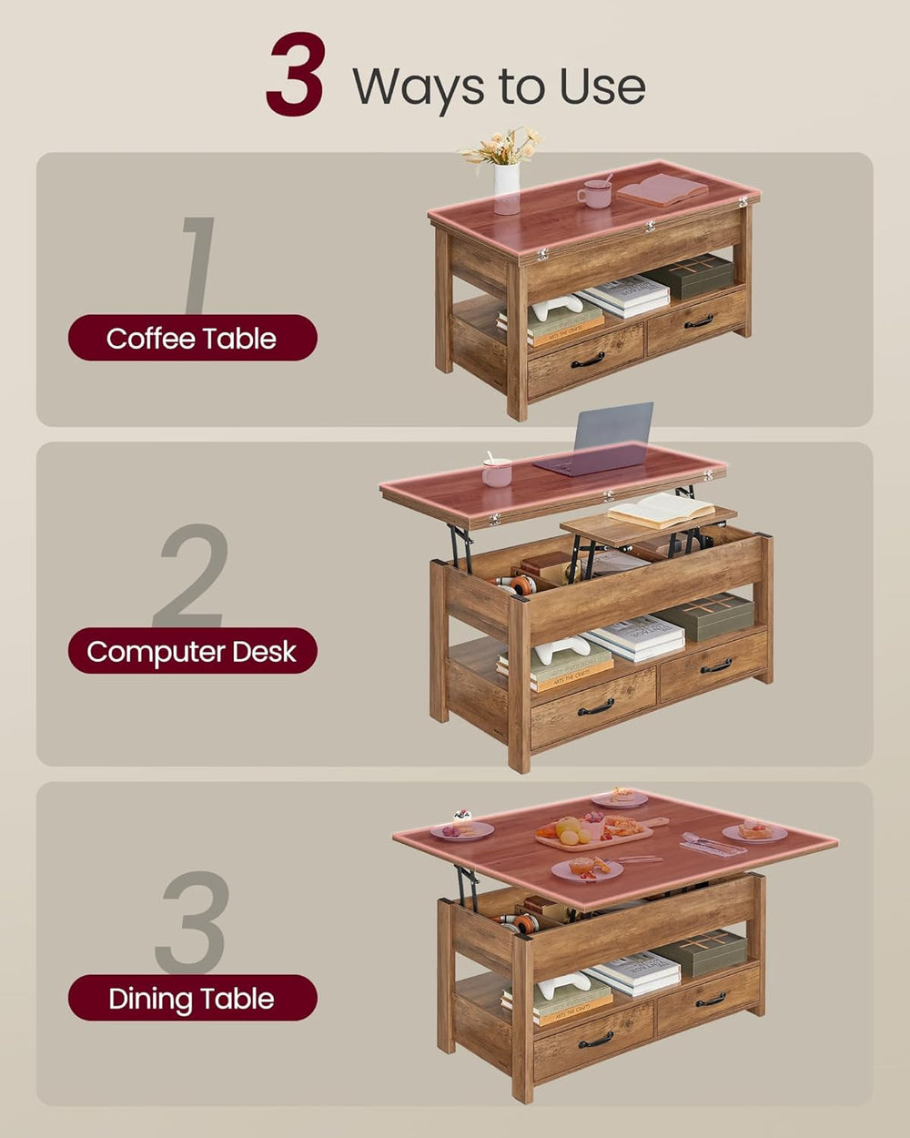 VASAGLE Lift Top Coffee Table, 3 in 1 Center Table with Storage, 2 Drawers