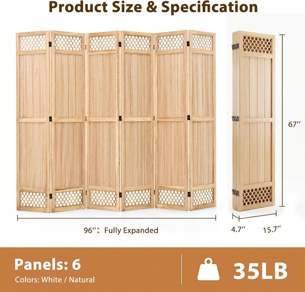 Wood Room Divider Privacy Screen, Natrual Carved Room Divider 6 Panel 67"
