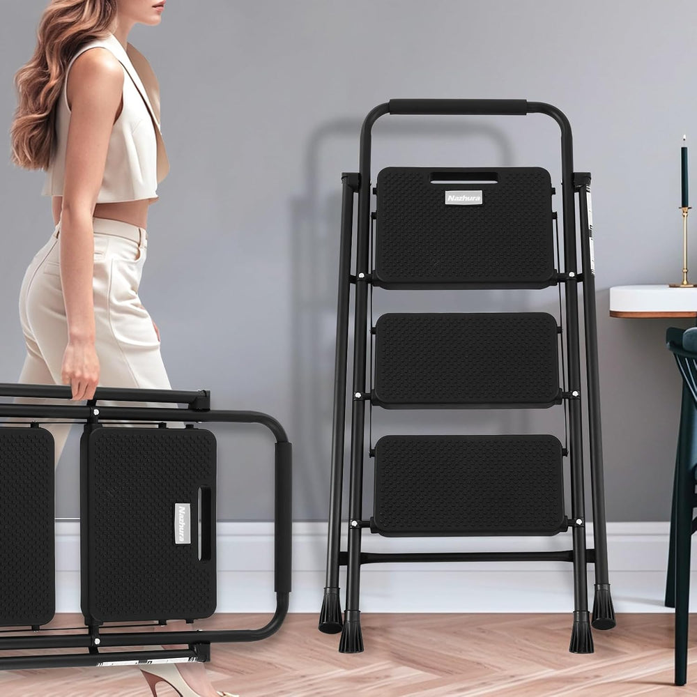 Nazhura Foldable 3 Step Stool Ladder, 300 Lb Weight Limit Folding 3 Stepping ...