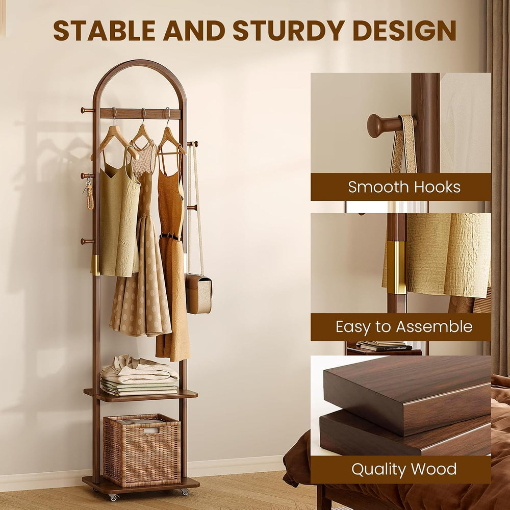 15.9" Narrow 3-in-1 Rolling Clothing Rack,Wooden Coat Rack with Wheels, ...