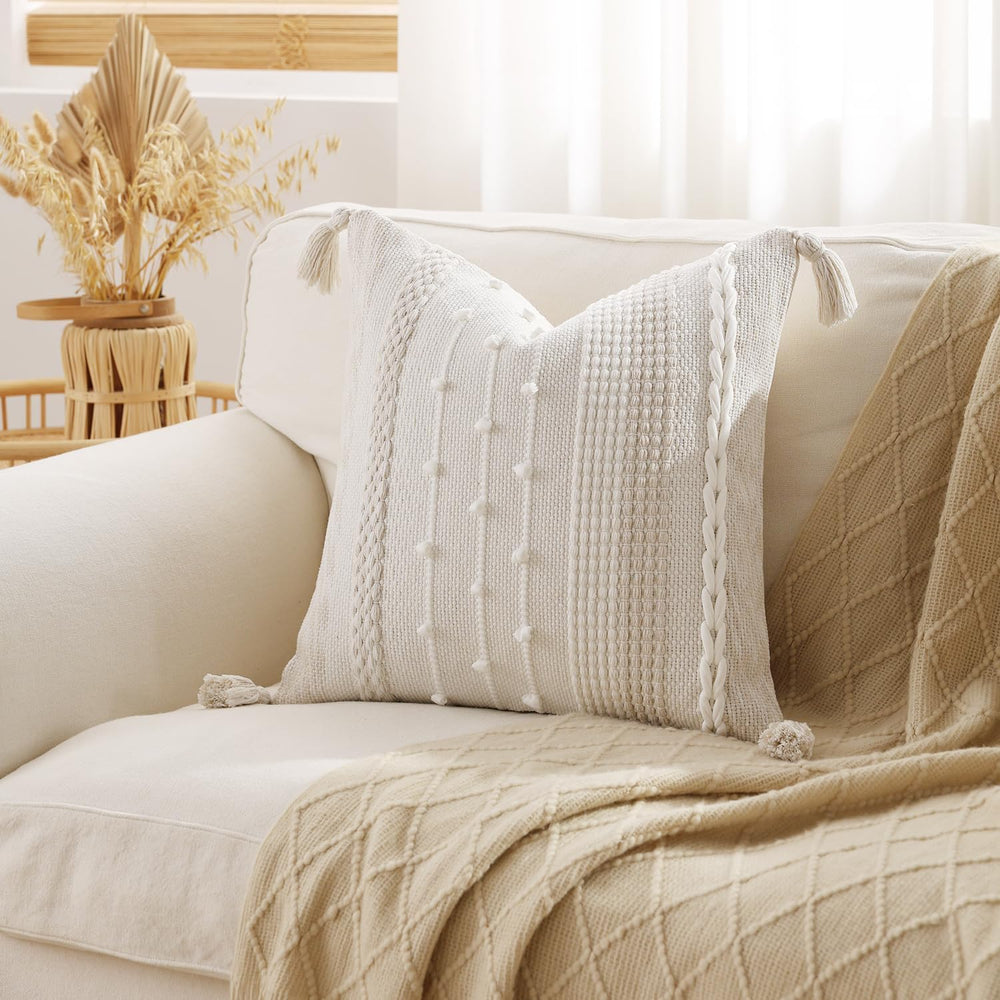 DEZENE Boho Pillow Cover 18x18 Beige - Handmade Woven Textured Throw Pillow C...