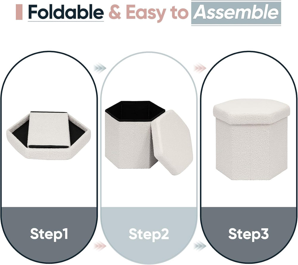 Hexagon Storage Ottoman, 15 Inch Foldable Footstool, Cream White