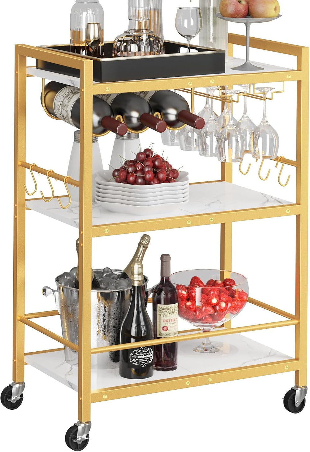 TUTOTAK Bar Cart with Wheels, Drink Cart with Wine Rack and Glass Holder