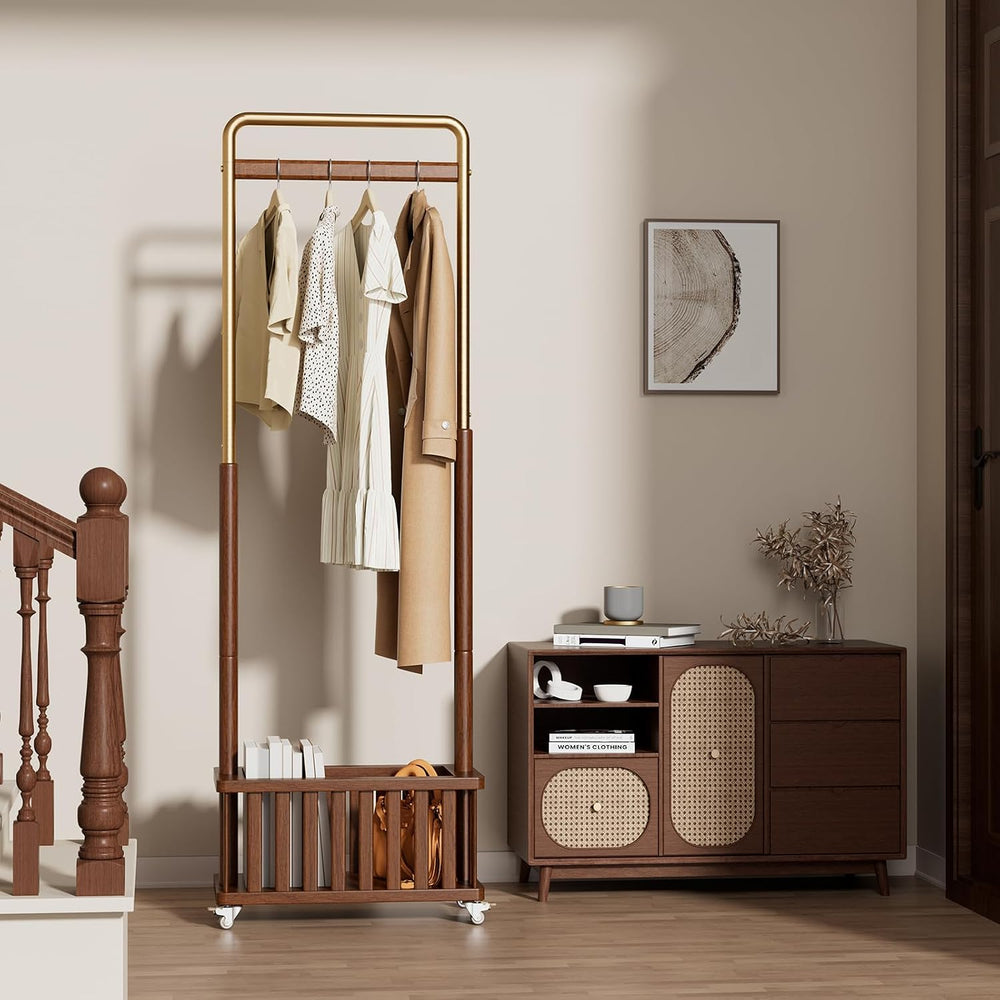 Taitiy Freestanding Solid Wood Coat Rack with Wheels for Hanging Clothes