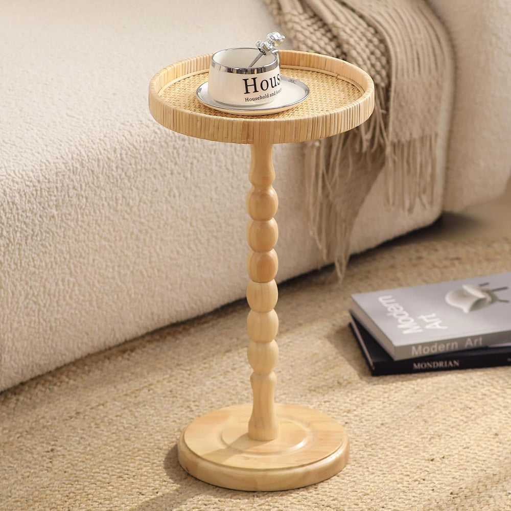 Small Drink Table, Rattan Round Side Table for Small Spaces, Boho Accent Tabl...