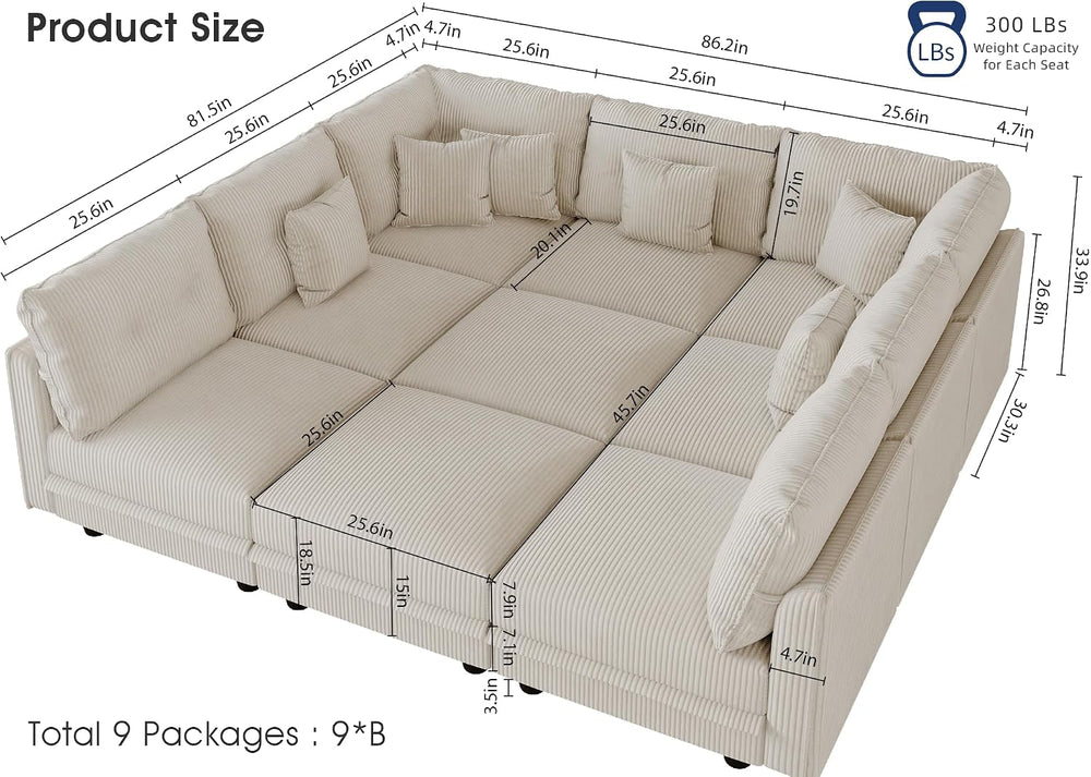 LLappuil 137" Modular Sectional Sofa with Storage, 9 Seater Corduroy U S...
