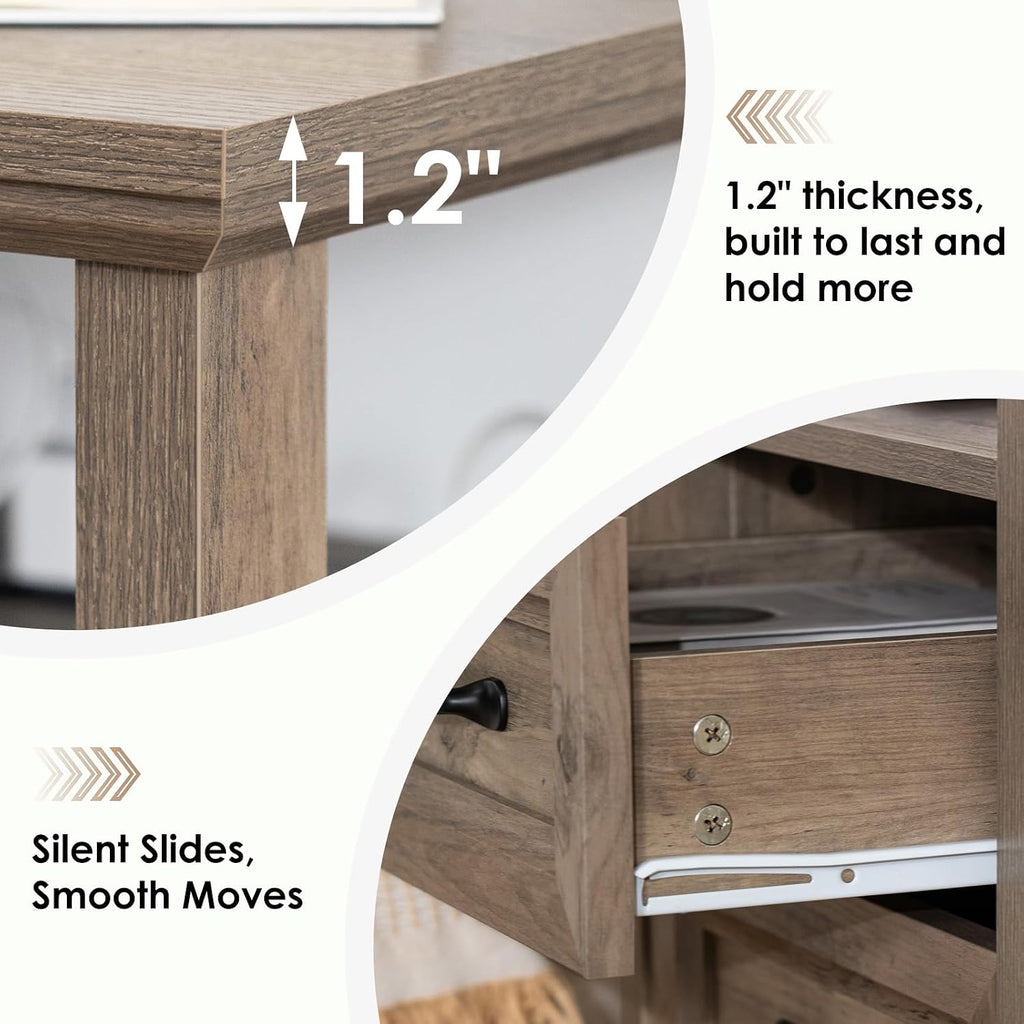 HOMMPA 18'' W Farmhouse Nightstand with Charging Station, Bedside Tables with Open Shelf, 2 Drawers End Table Dresser Side Table, Wood Night Stand for Bedroom, Rustic Greige